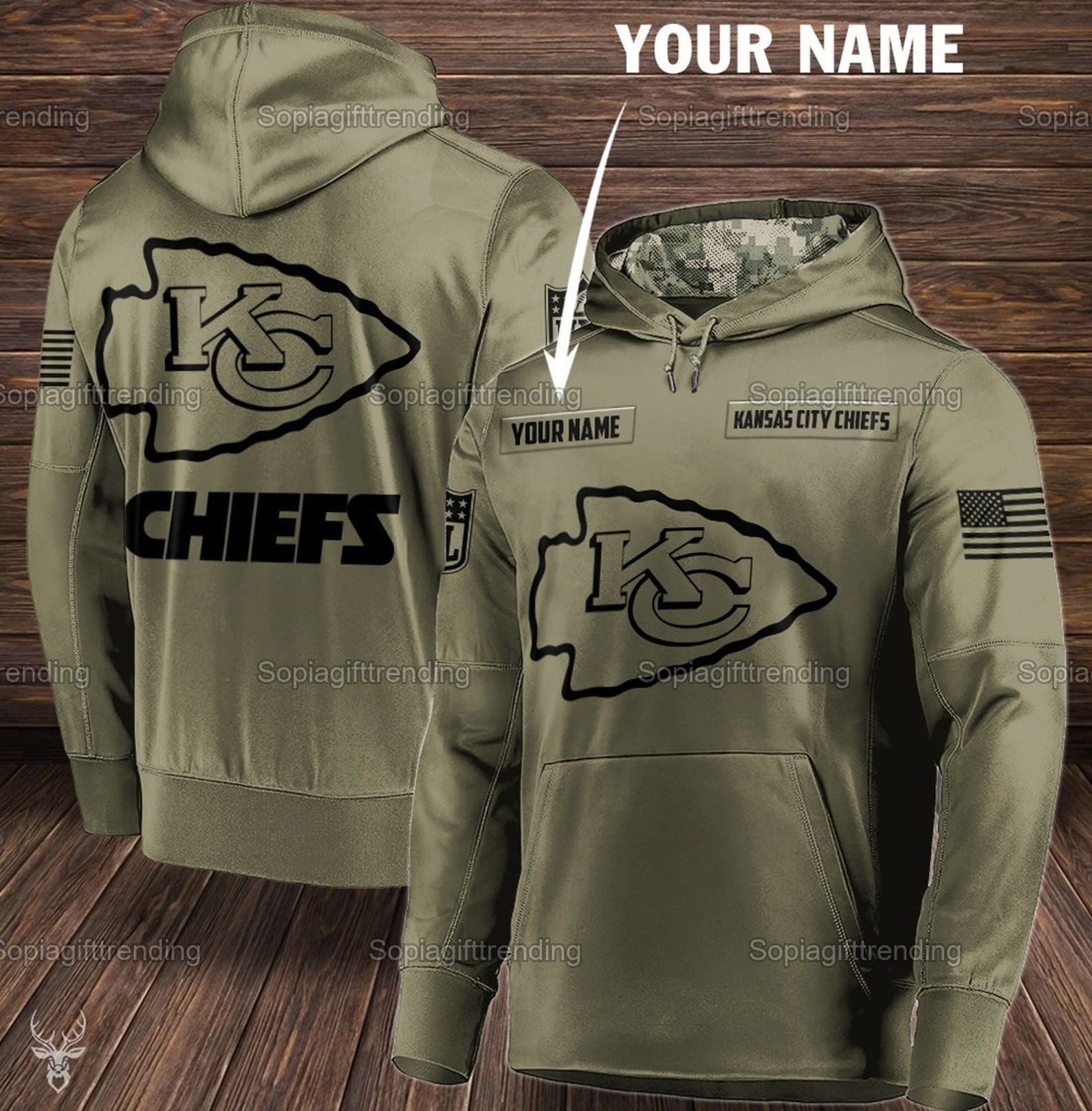 Personalized Custom Name Kansas City Chiefs Army Unisex 3D All Over Print Hoodie, Zip-Up Hoodie