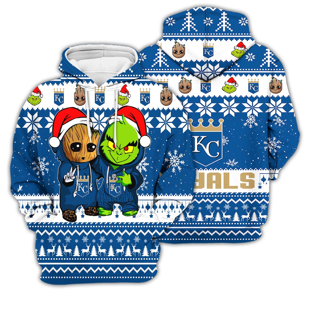 Kansas City Royals Baby Groot And Grinch Best Friends Football American Ugly Christmas Sweater New Trends For Fans Club Gifts Unisex 3D Hoodie