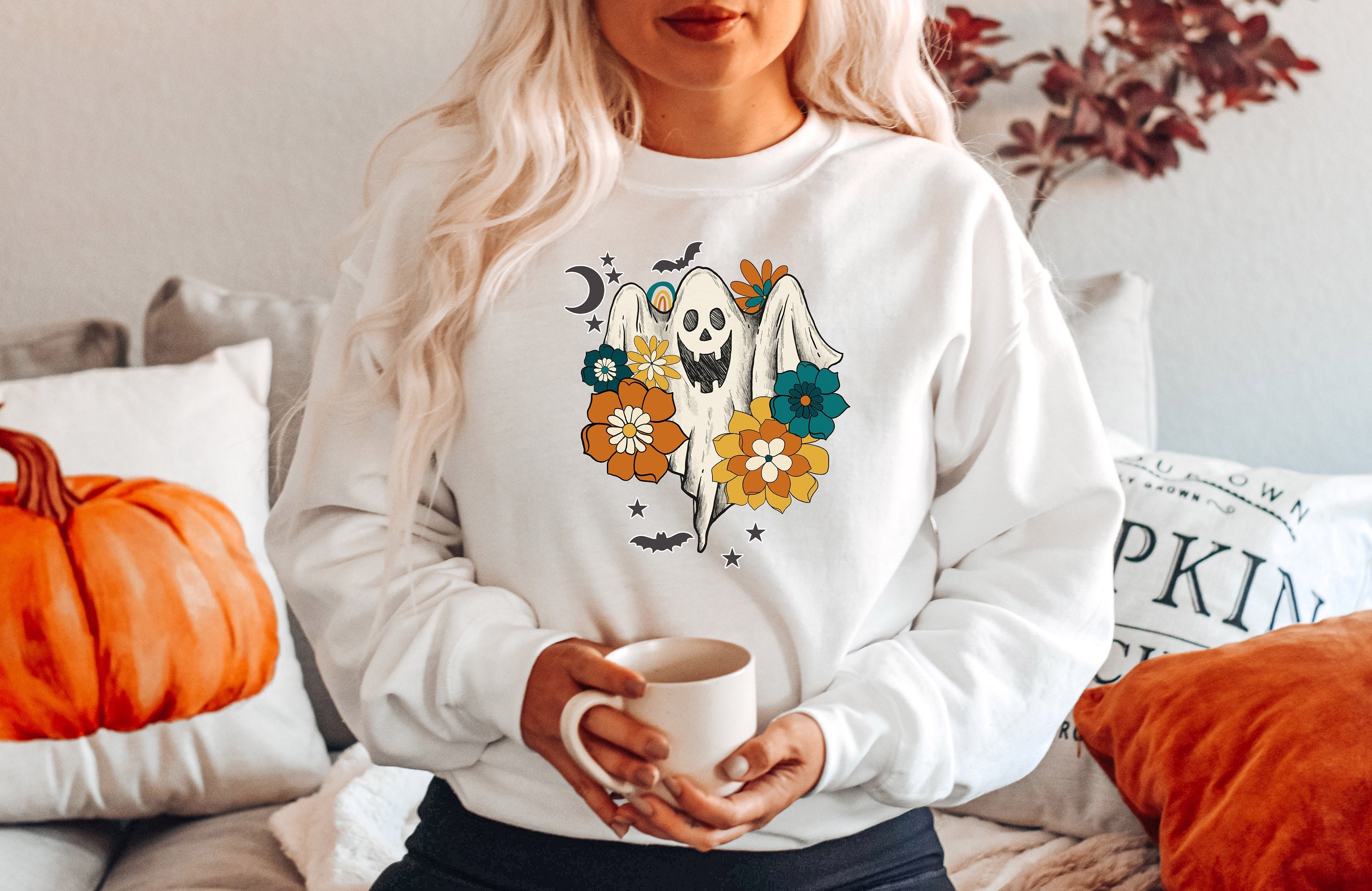Retro Floral Ghost Sweatshirt, Trick Or Treat, Women Halloween Sweater, Halloween Costume, Cute Halloween Shirt,  Spooky Season Sweatshirt
