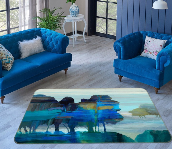 3D Blue Trees And Lake Artwork Area Rug Home Decor