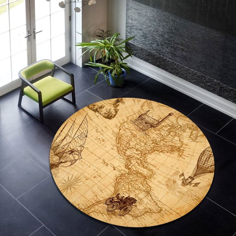 World Map Pattern, World Map Pattern Rug, Round Rug, Popular Rug, Living Room, Home Decor, Linepatternroundrug Mappatternrug, Worldmappattern Rug