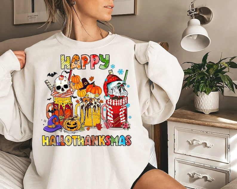 Happy Hallothanksmas Shirt, Halloween Shirt, Thanksgiving Shirt, Christmas Shirt, Holiday Season Shirt, Fall Sweatshirt, Coffee Sweatshirt Christmas x Teeshop24h Fashion