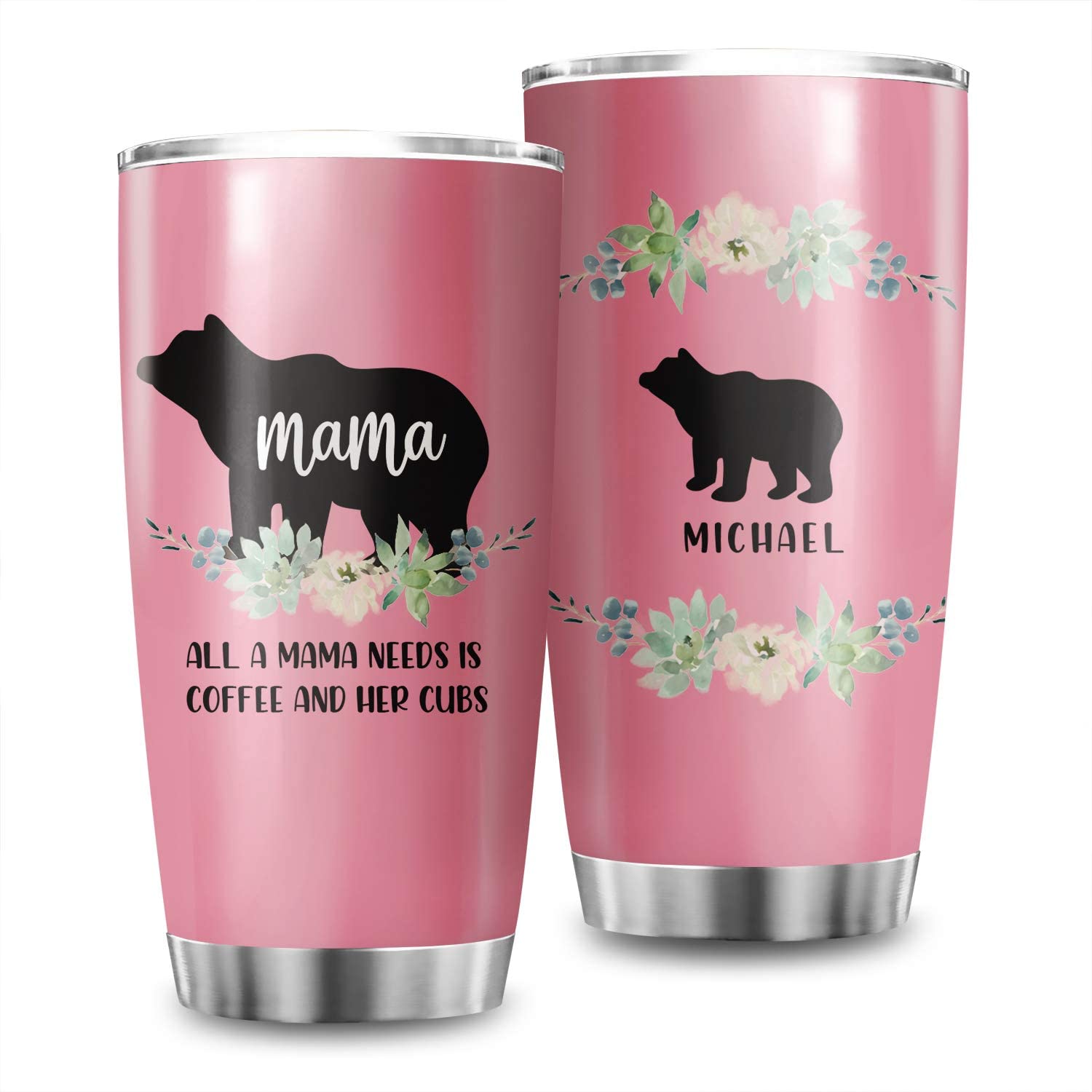 Personalized Mama Bear Tumblers 20 Oz Custom Mom Tumbler Printed Names Up To 5 Cubs Son Daughter To Mother’S Day Gifts Pink Travel Mug