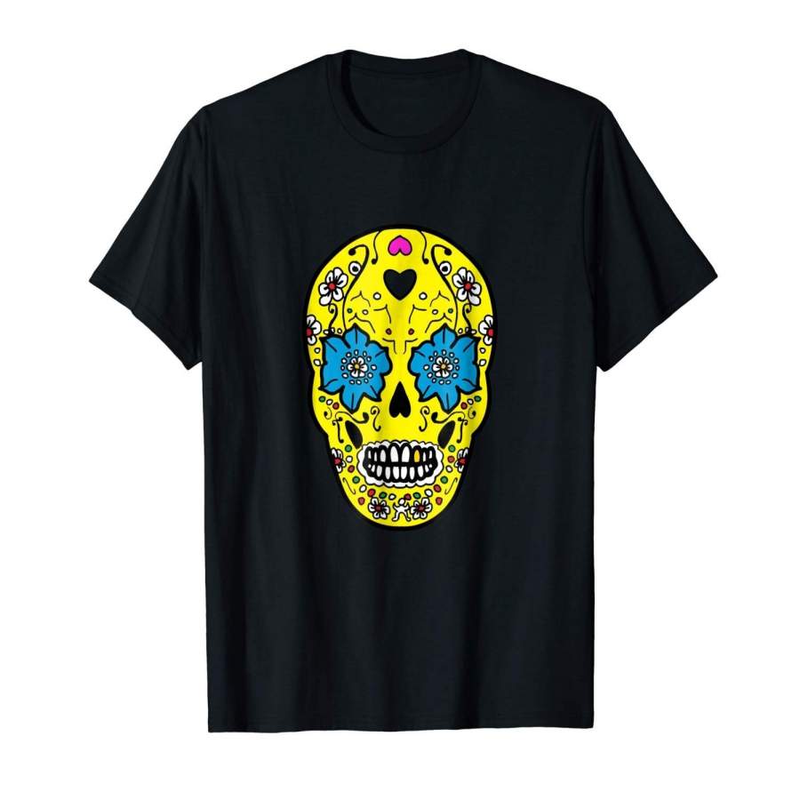 Yellow Skull T-Shirt Day Dead Halloween Art Tee Shirt Gift Mens Sports T Shirt