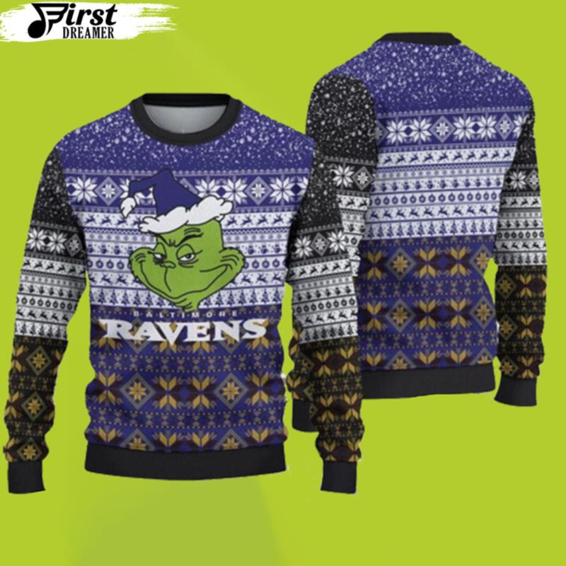 Baltimore Ravens Christmas Grinch Gift For Fan Ugly Wool Sweater Christmas Ravens Christmas Sweater