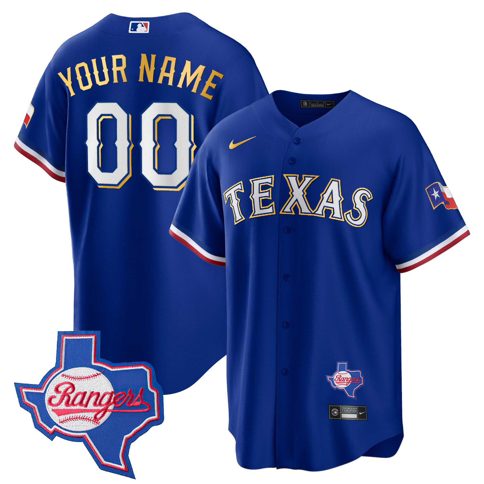 Texas Rangers Gold Trim Cool Base Custom Jersey – Texas Patch – All Stitched