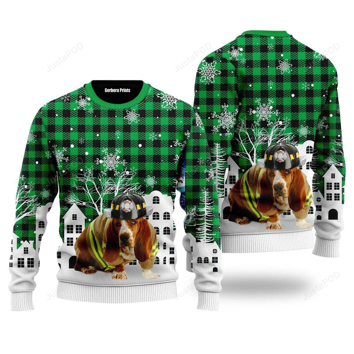 Basset Hound Costume Firefighter In Christmas City Pattern Ugly ...