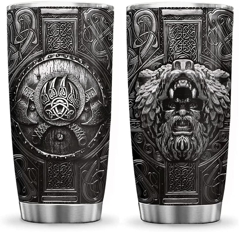 20Oz Printed Metal Viking Berserker Warrior Style, Viking Inspiration Tumbler Cup With Lid, Double Wall Vacuum Thermos Insulated Travel Coffee Mug