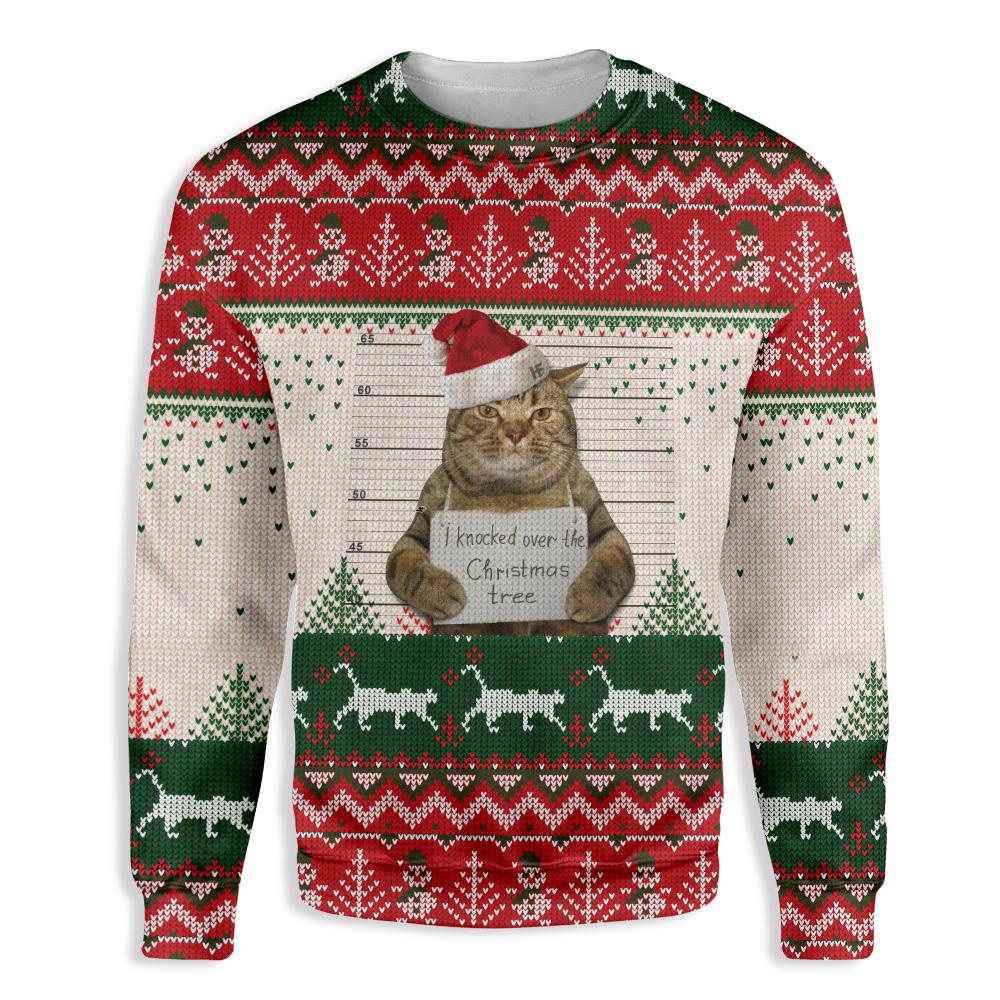Ugly Christmas Cat Prisoner I Knocked Over The Christmas Tree Ez12 1810 All Over Print Sweatshirt