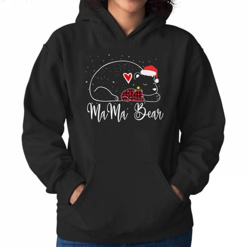 Ma Ma Bear Cute Animal Sleeping Wearing Santa Claus Hat Christmas Hat Snow Winter Best Gift For Girls Girlfriend Black Unisex Hoodie S-5Xl