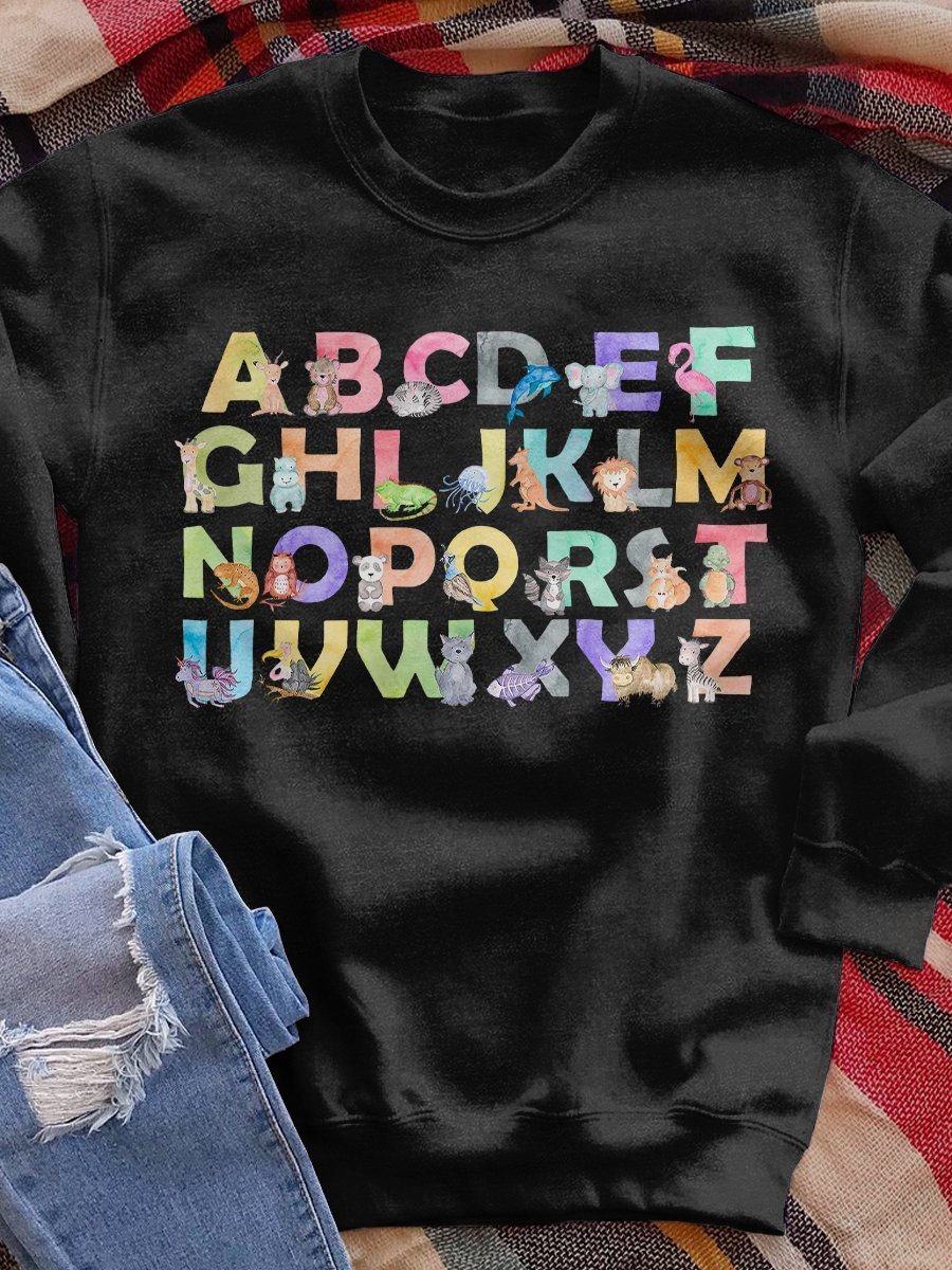 Cute Watercolor Animal Alphabet Kindergarten Teacher Print Long Sleeve Sweatshirt