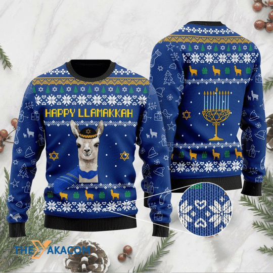 Merry Xmas Adorable Happy Llamakkah Blue Captain Special Pattern Ugly Christmas Sweater 2023