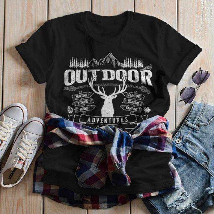 Women’s Outdoor Adventures T Shirt Camping Graphic Tee Camper Shirts Deer Rustic Vintage