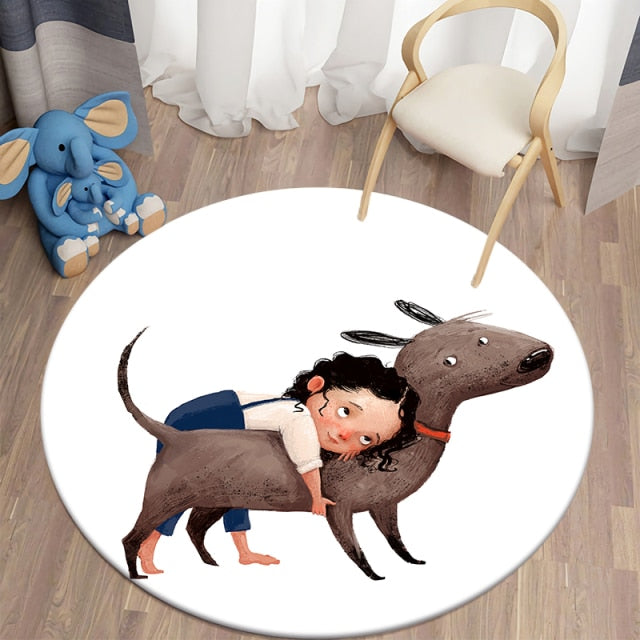 Round Carpet For Living Room Childrens Rug Cartoon Girls With Animal Pattern Flannel Bedroom Carpet Kids Play Mat Floor Mat