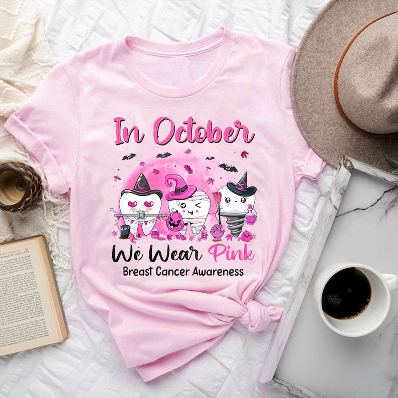 In October We Wear Pink Breast Cancer Awareness Shirt, Breast Cancer Dentist Dental Hygienist Shirt, Dental Breast Cancer Halloween Shirt