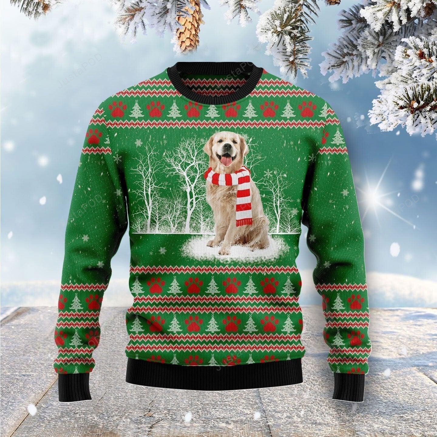 Golden Retriever Winter Tree Ugly Christmas Sweater, Golden Retriever