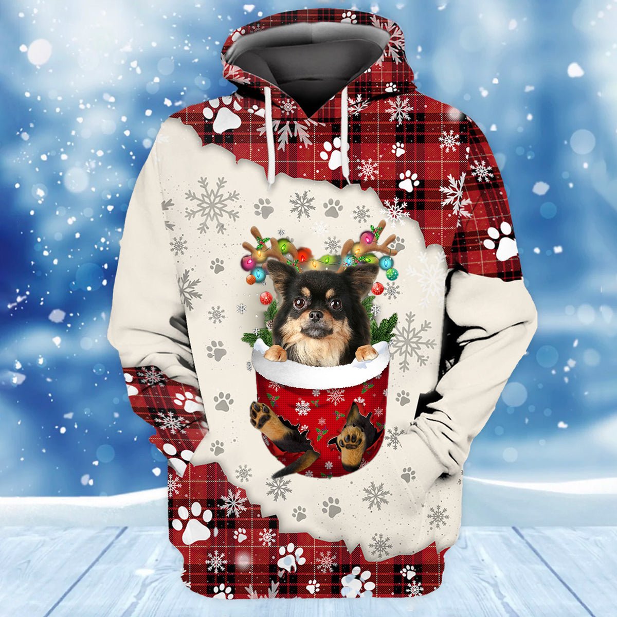 Chihuahua Long Haired In Snow Pocket Merry Christmas Unisex Hoodie