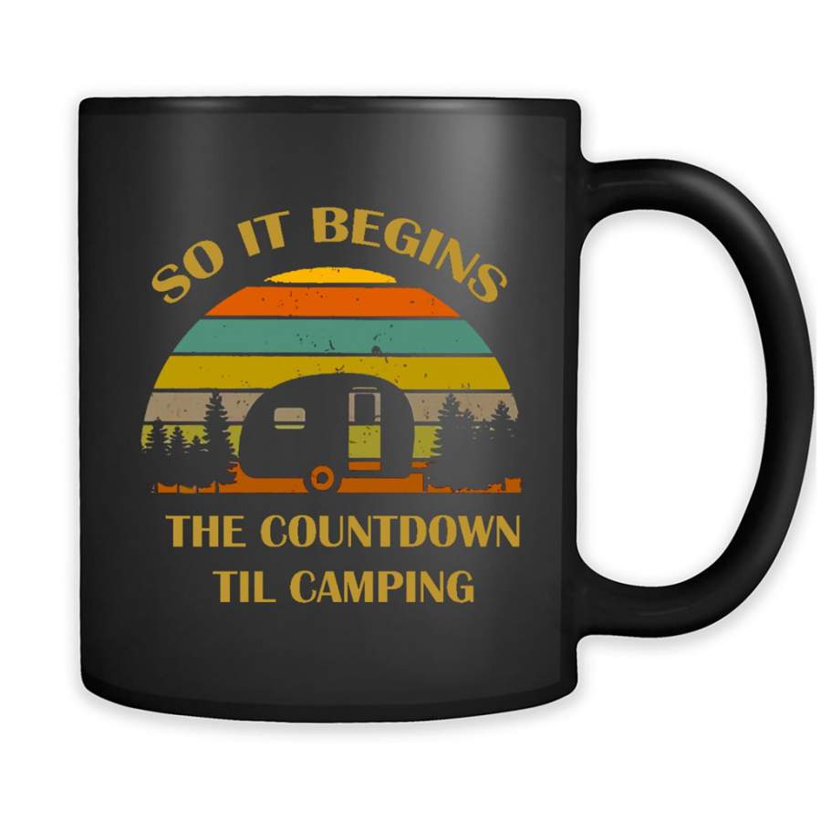 So It Begins The Countdown Til Camping, Classic Vintage Retro Design – Full-Wrap Coffee Black Mug