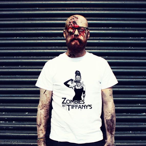 Zombies At Tiffany S Unisex Mens T Shirt Zombie Tee Alternative Handmade Hand Screen Printed Audrey Hepburn Film Icon