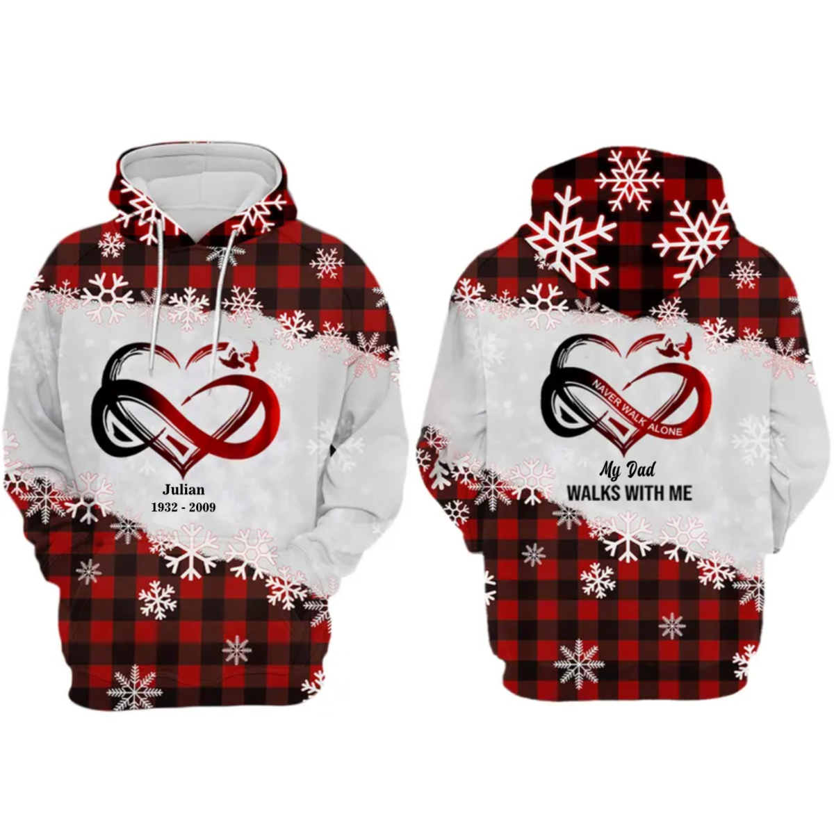 Never Walk Alone Christmas Snowflake Personalized 3D Print Hoodie Loss Of Grandpa Loss Of Mom Dad Hoodie, Remembrance Gift