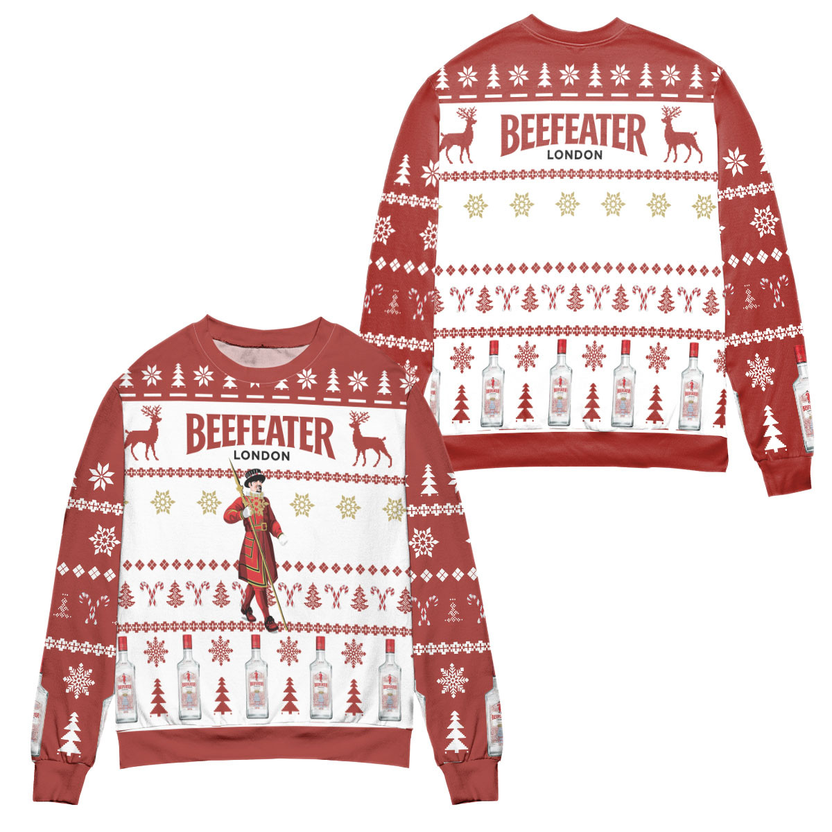 Beefeater London Dry Gin Reindeer & Snowflake Pattern Ugly Christmas Sweater – All Over Print 3D Sweater – Red White