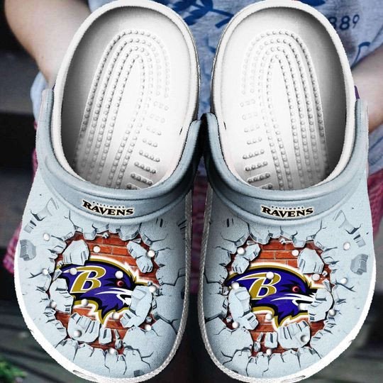 Baltimore Ravens Logo Breaking Pattern Crocs Classic Clogs Shoes In Gray