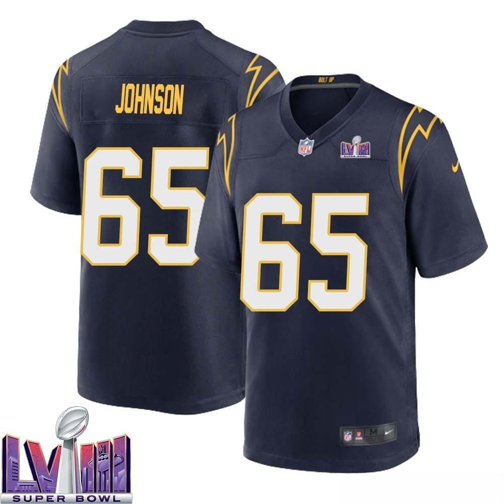 Zion Johnson 65 Los Angeles Chargers Super Bowl Lviii Men Alternate Game Jersey – Navy