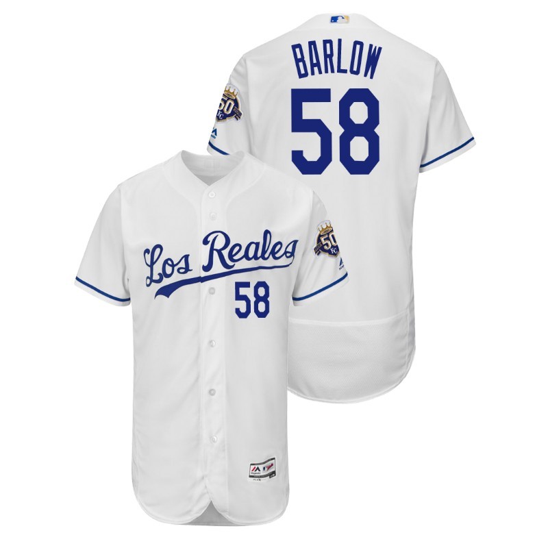 Men’S Kansas City Royals White Home Flex Base #58 Scott Barlow 50Th Anniversary Jersey – All Stitched, Embroidery