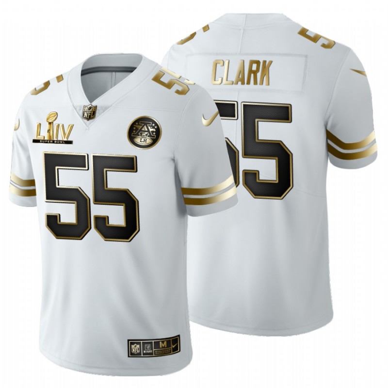 Men’S Kansas City Chiefs #55 Frank Clark White Super Bowl Liv Golden Edition Jersey – All Stitched, Embroidery