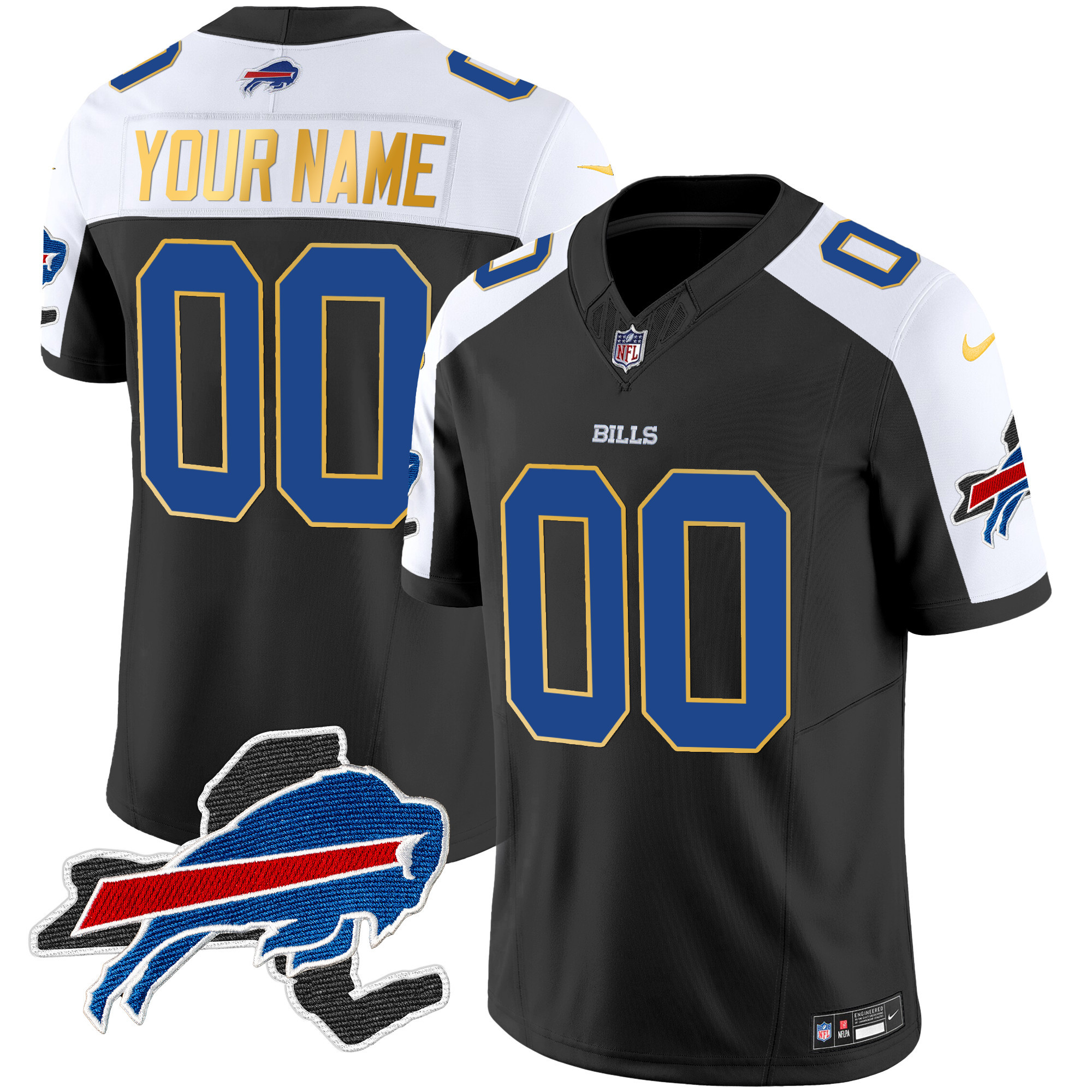 Bills New York Patch Gold Trim Vapor Custom Jersey – All Stitched