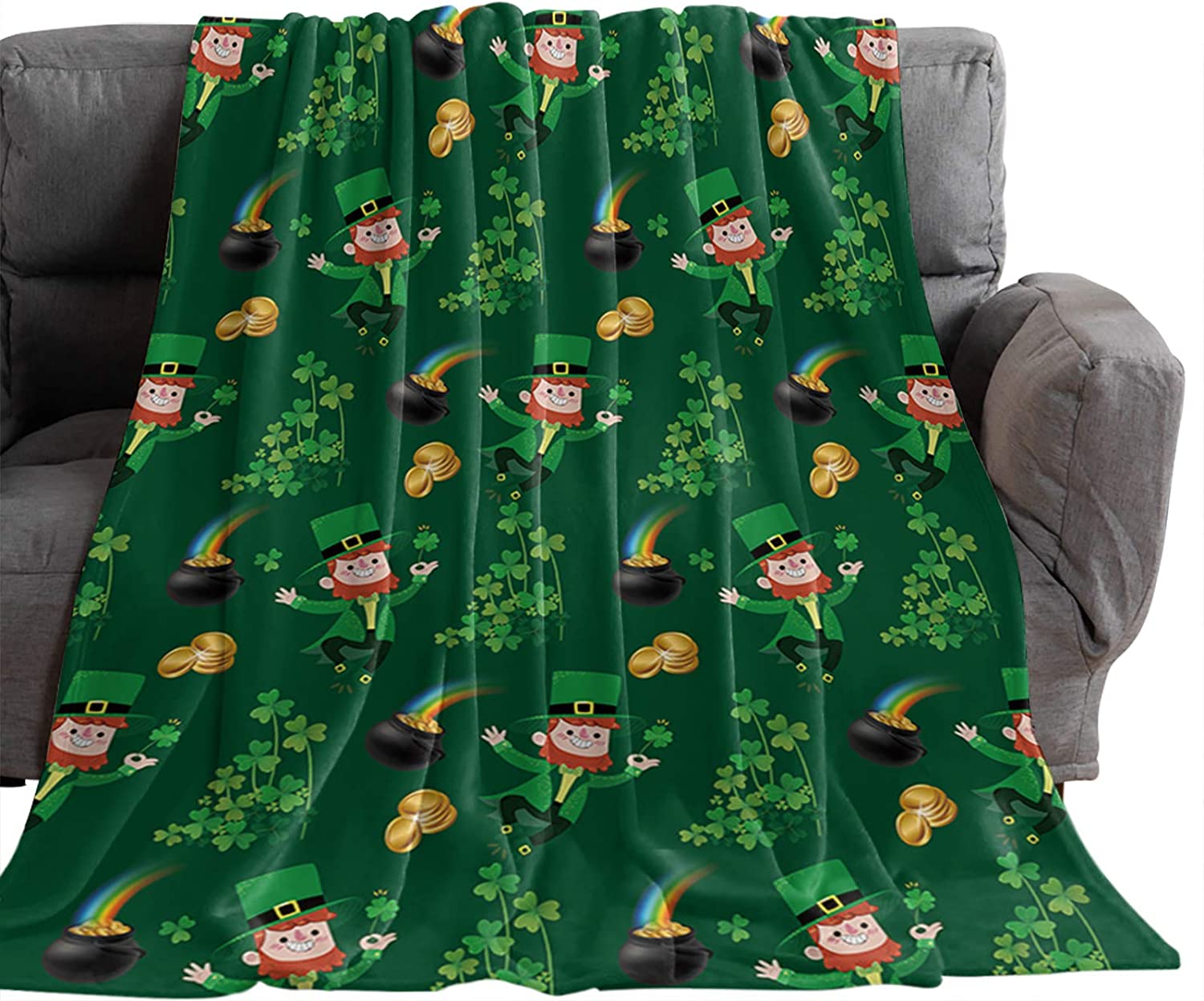 St. Patrick’S Day Blanket Throw Blankets, Leprechaun Men Gold Coins Shamrock Clover Decor Bedspread,Super Soft Cozy Flannel Fleece Thhrows For Stadium Couch Sofa Bed Chair Travel