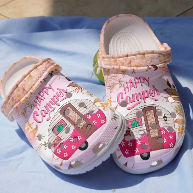 Pink Camping Bus Shoes – Happy Camper Crocs Clogs Gift Women Girl – Pink-Cp