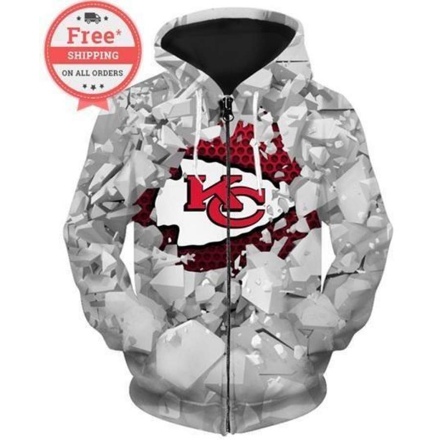 Kansas City Chiefs Unisex Sweatshirt Gray Zip Up Skull Hoodie Unisex 3D All Over Print