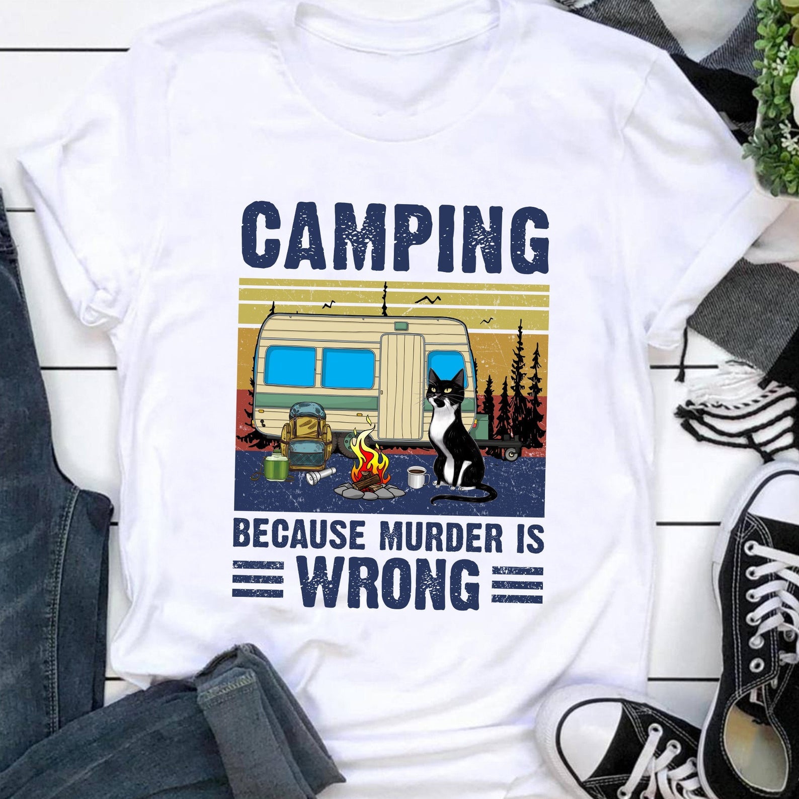 Camping Because Murder Is Wrong Funny Cat Vintage T-Shirt, Best Gift Shirt For Camping Lovers