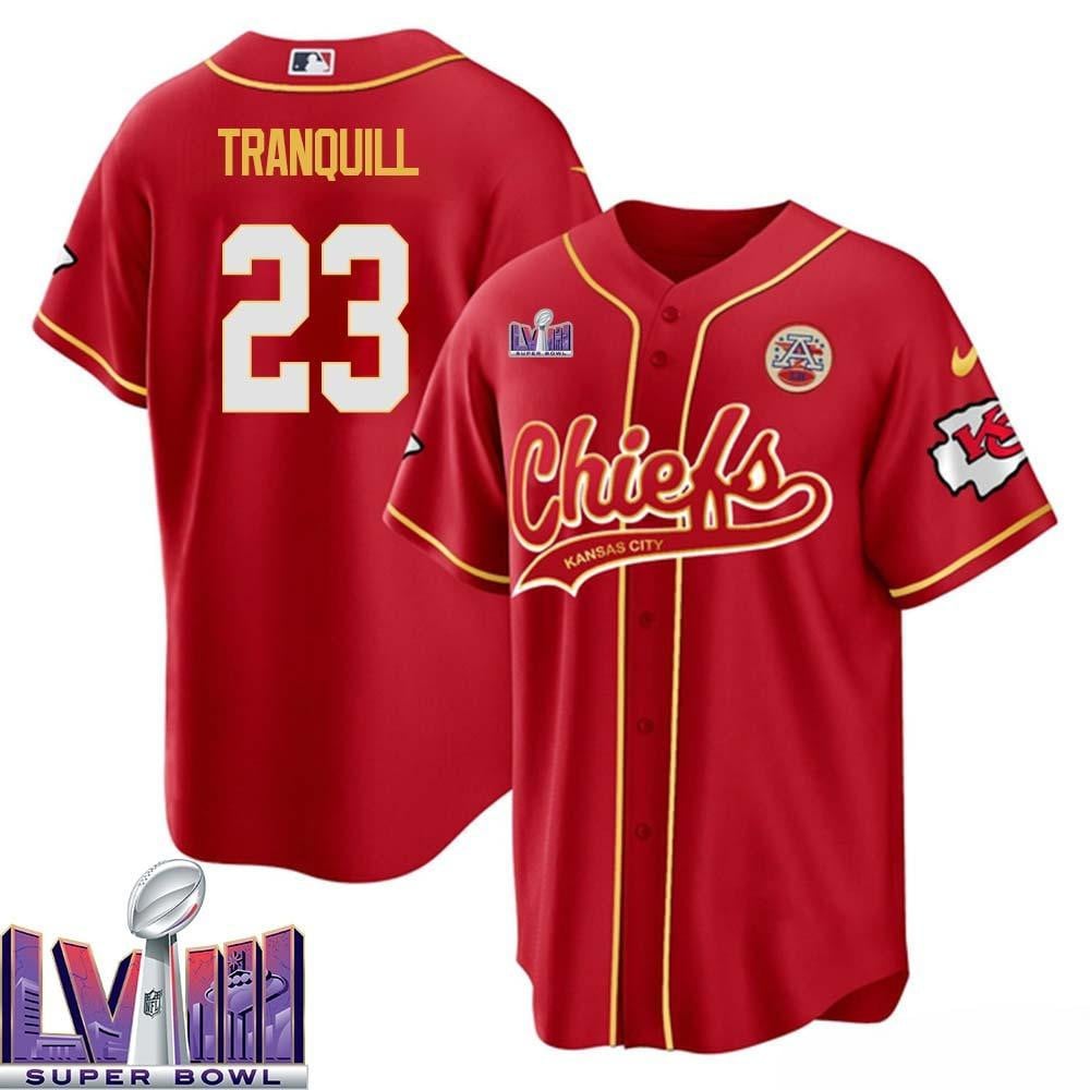 Drue Tranquill 23 Kansas City Chiefs Super Bowl Lviii Baseball Men Jersey – Red