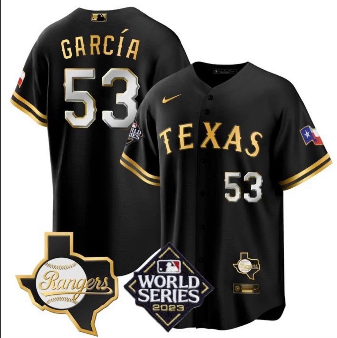 Adolis Garcia Texas Rangers 2023 World Series Black Gold Cool Base Jersey – All Stitched