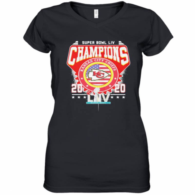 Super Bowl Liv Champions Kansas City Chiefs 2020 American Flag Independence Day Women's V-Neck T-Shirt