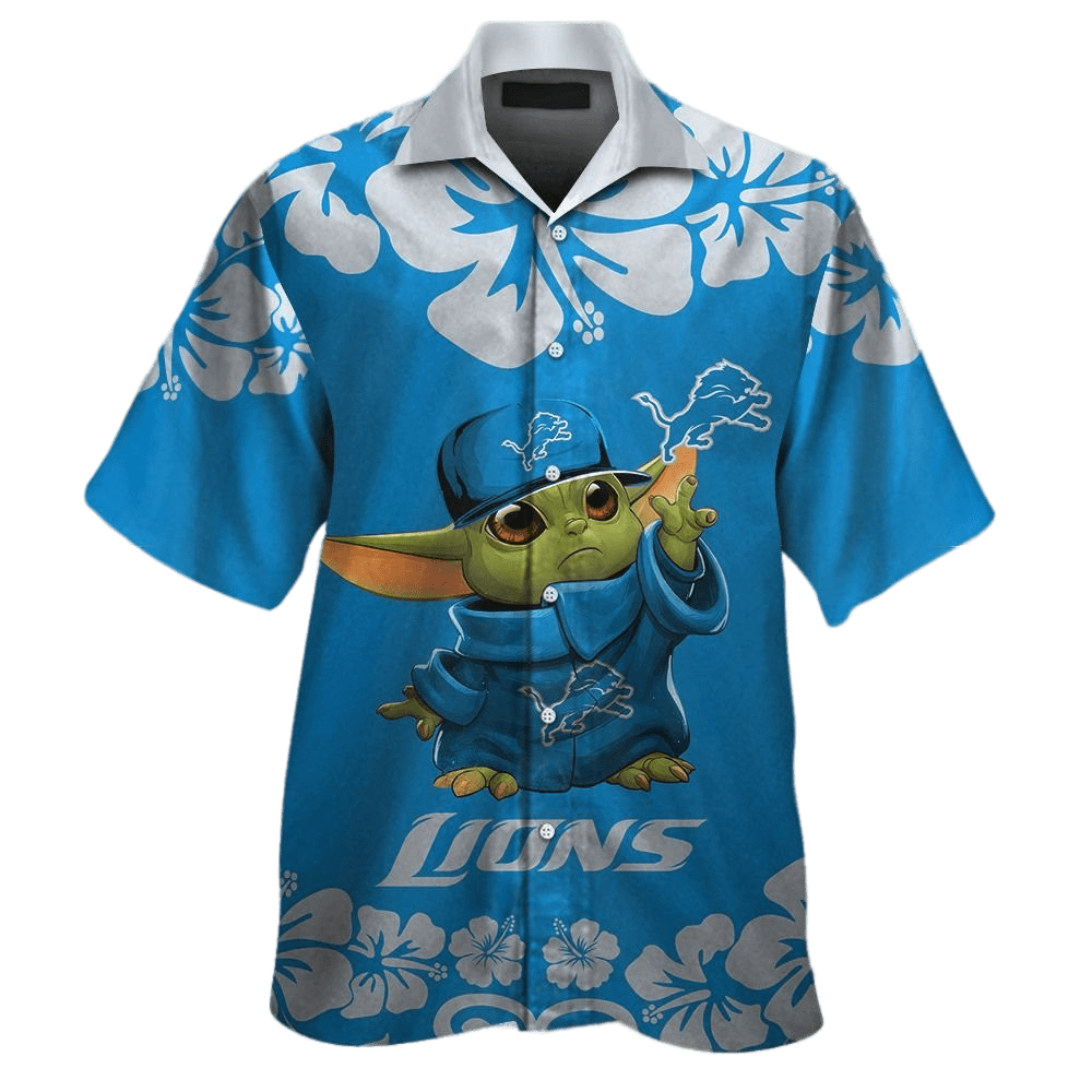 Detroit Lions Hawaiian Shirt Detroit Lions Team Symbol Grogu And Flowers Blue White Hawaii Shirt Detroit Lions Aloha Shirt For Men - Product by Prowallart Shop