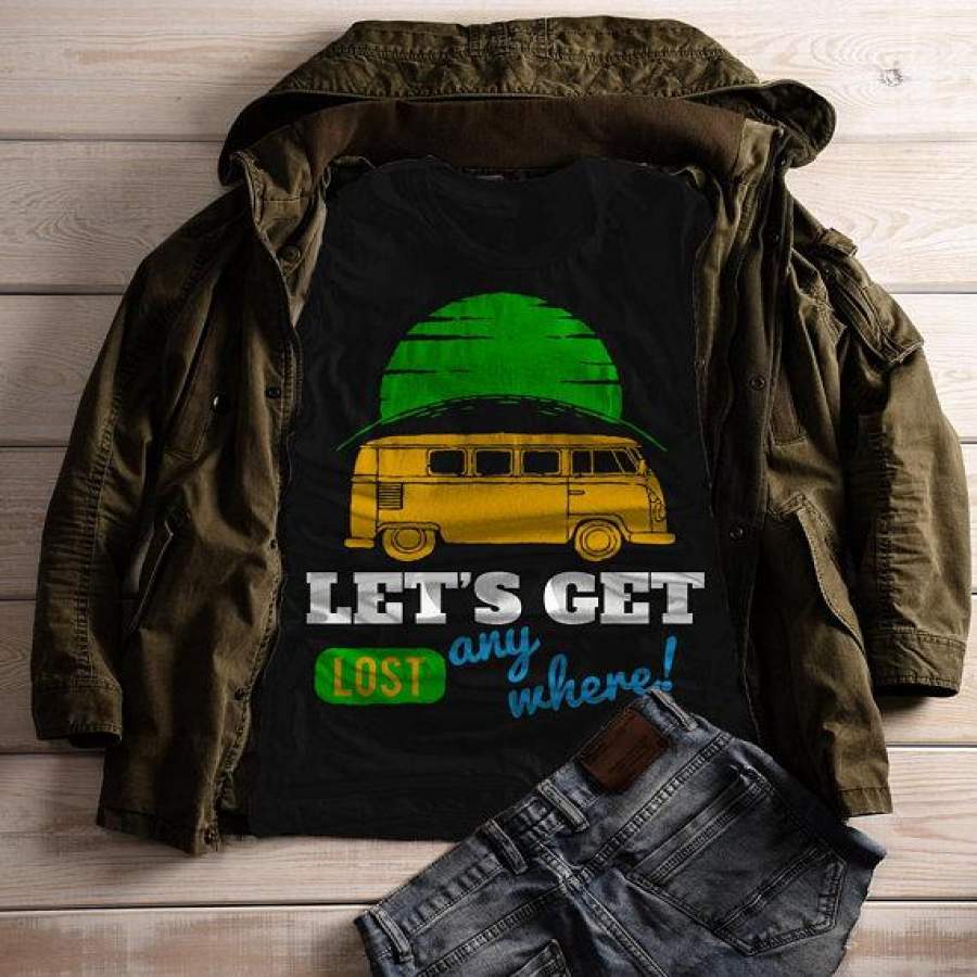 Women’s Vintage Van T Shirt Camping Shirts Let’s Get Lost Graphic Tee Travel Road Trip TShirt