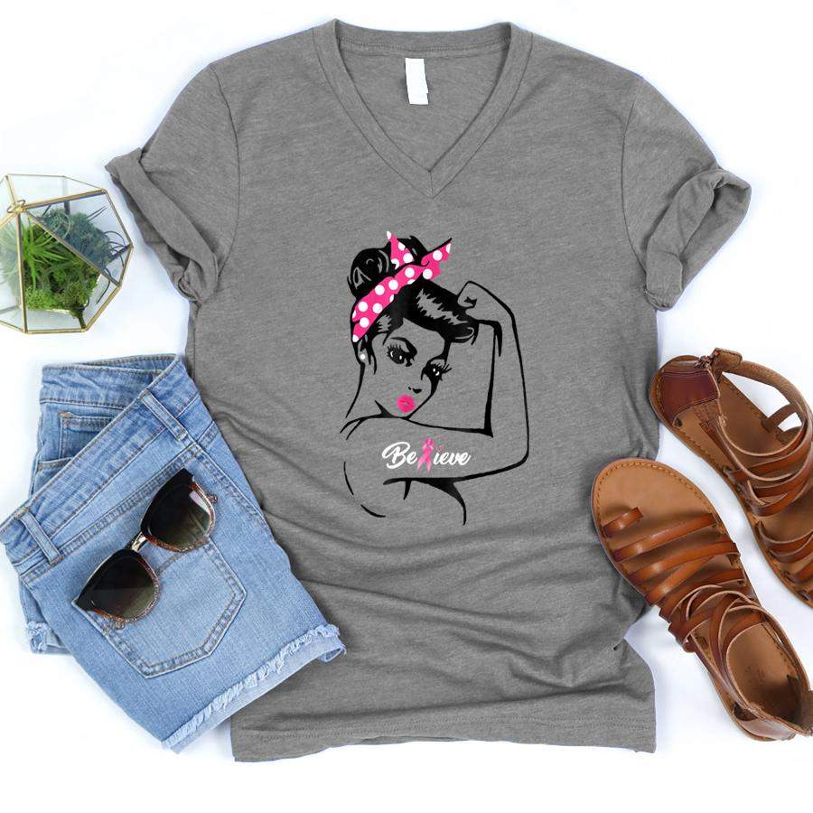 Breast Cancer Warrior TShirt Awareness Tee Support Believe  V-Neck