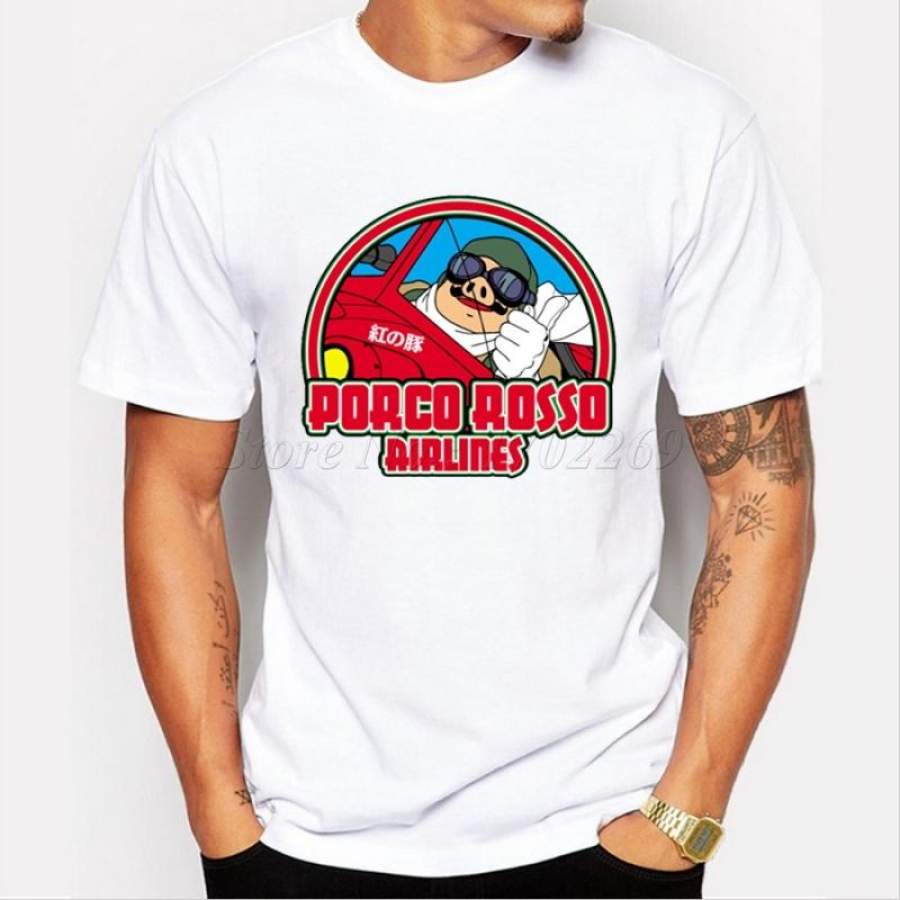 Unique and Top Quality Asian Size Porco Rosso Airlines Men T Shirt Animal Red Pig Printed Male Tee Shirts Short Sleeve Funny Hipster Fashion Tops