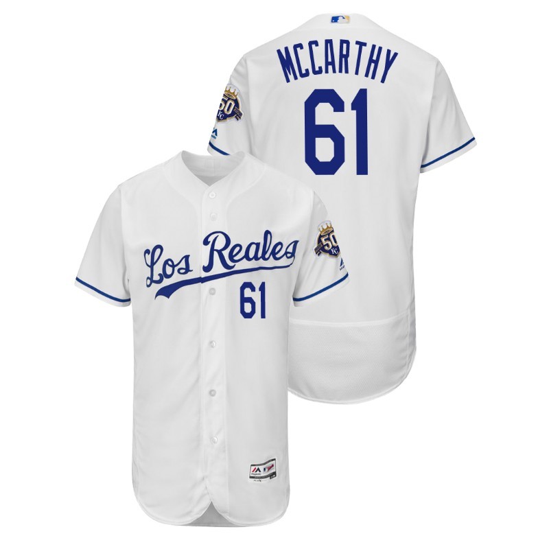 Men’S Kansas City Royals White Home Flex Base #61 Kevin Mccarthy 50Th Anniversary Jersey – All Stitched, Embroidery