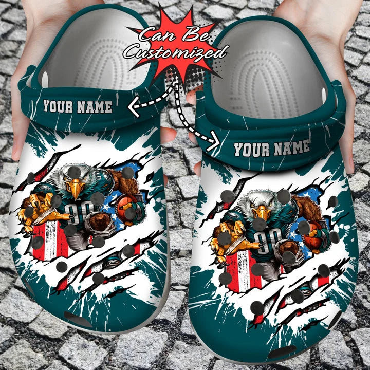 Football Crocss – Personalized Philadelphia Eagles Mascot Ripped Flag Clog Shoes