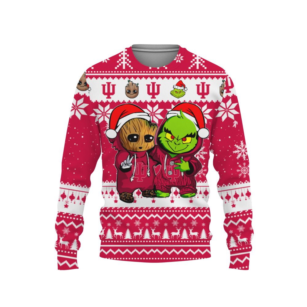 Indiana Hoosiers Baby Groot And Grinch Ugly Gift For Fan Ugly Wool Sweater Christmas