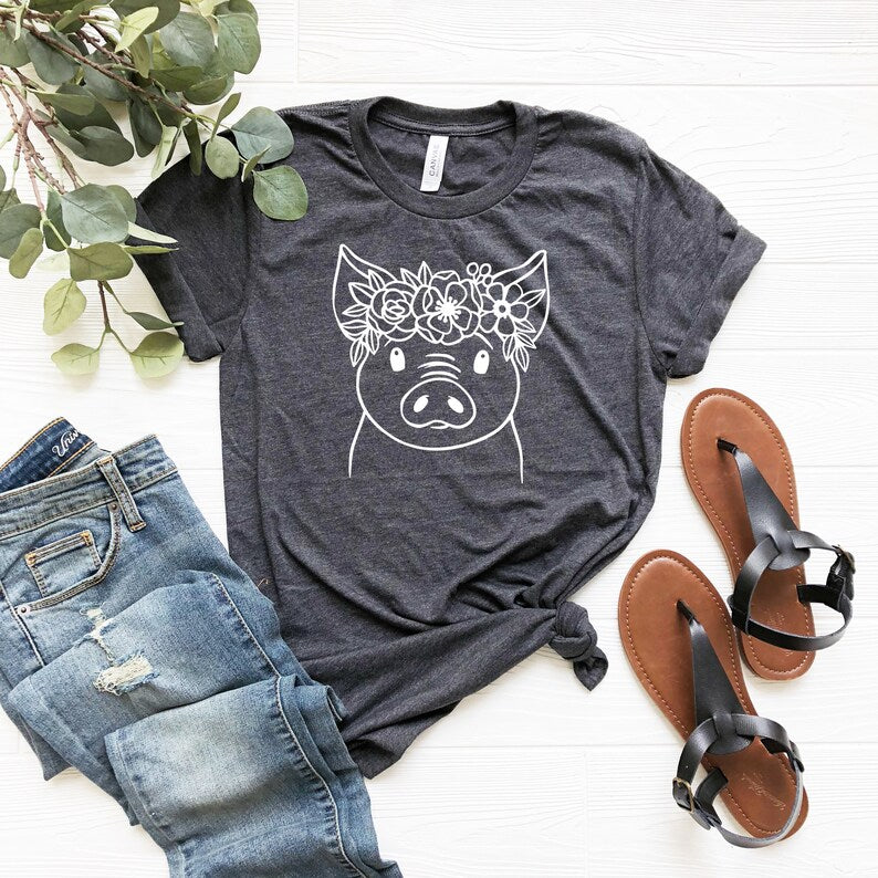 Floral Pig Shirt, Flower Pink Shirt, Floral Animals Shirt, Flower Crown Shirt, Pig Lover, Farm Animals Shirt, Cute Pig