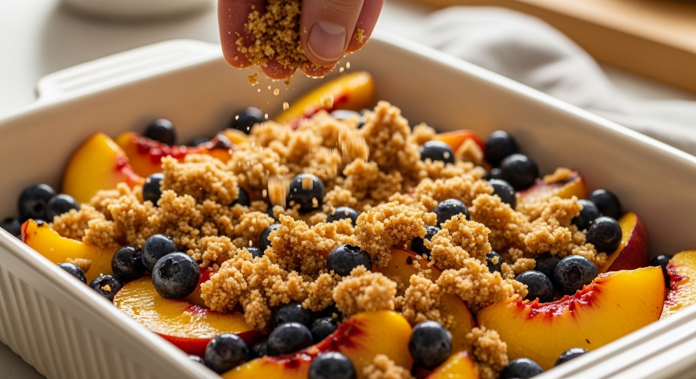 Adding Crumb Topping to Peach and Blueberry Cobbler