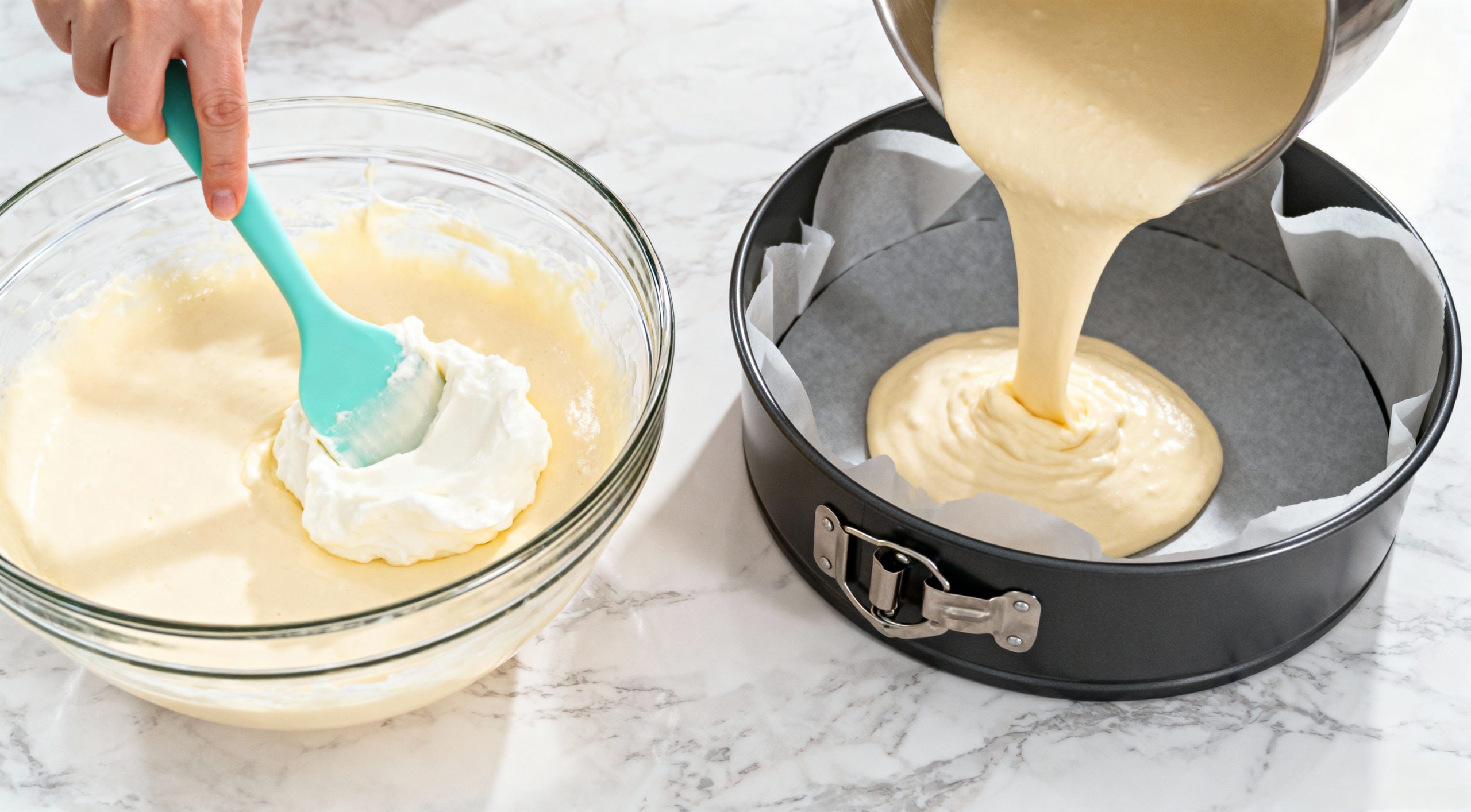 Folding sour cream into batter and pouring into a prepared pan for Italian cream cheese and ricotta cheesecake.