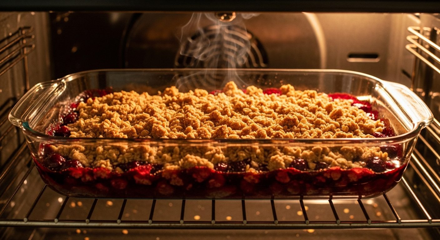 A glass baking dish with Cherry Crisp, featuring a golden crumb topping over a red cherry filling, baking in an oven with visible steam.