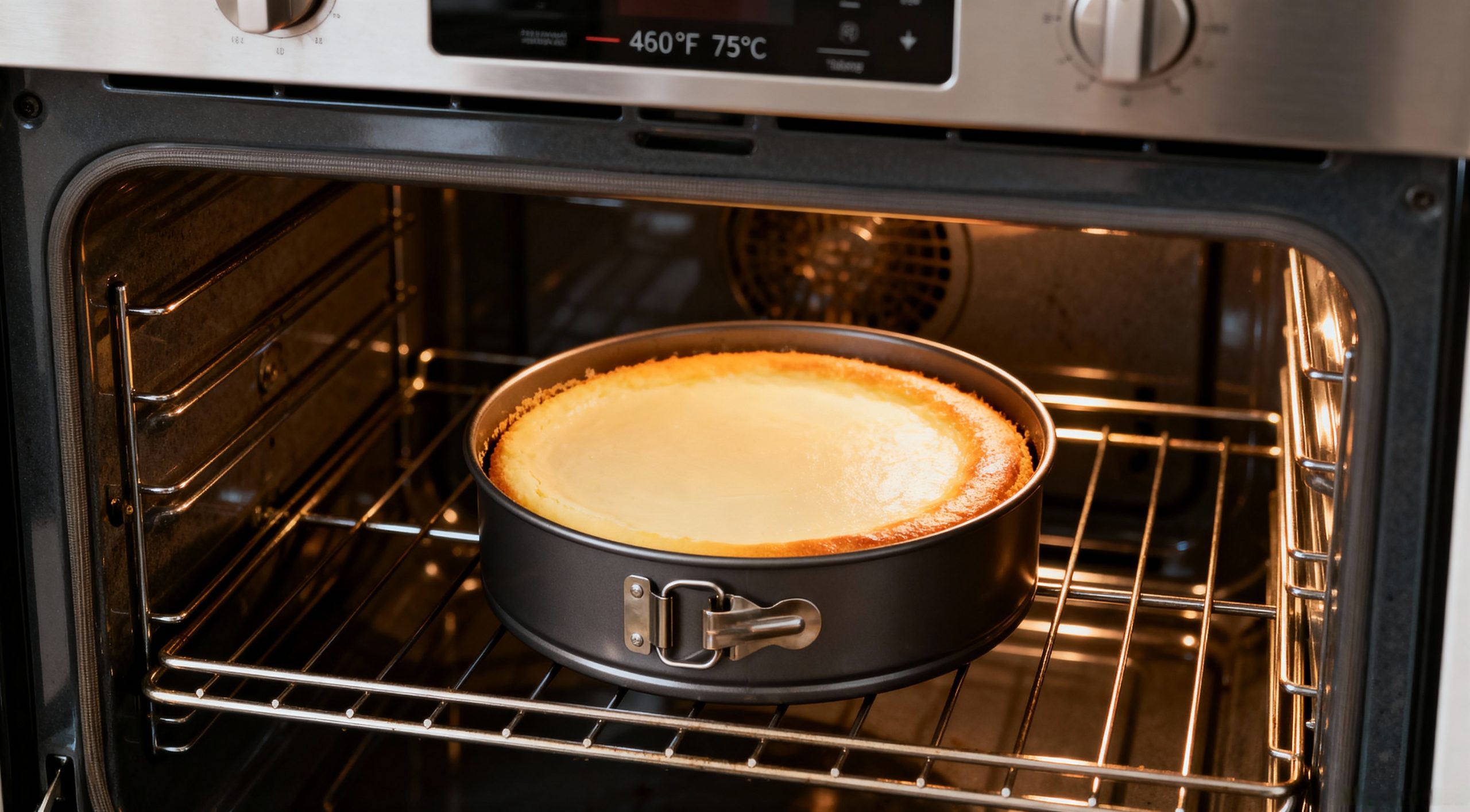 Italian cream cheese and ricotta cheesecake baking in oven at 460°F (75°C) in a springform pan.