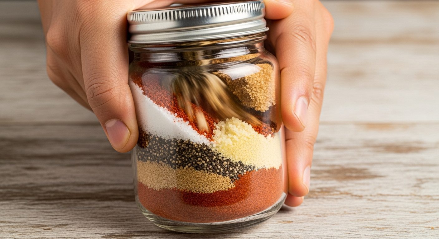 A hand shaking a sealed glass jar on a wooden surface, containing a fully blended mix of spices labeled as "Best Burger Seasoning Recipe."
